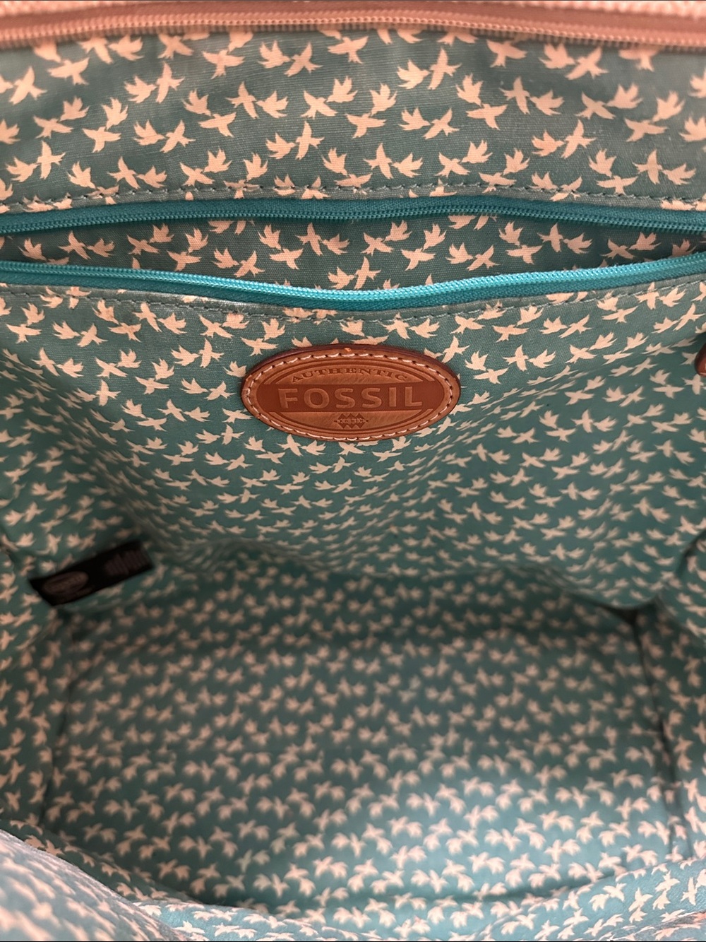 Fossil Beige Canvas Tote with Teal Polka Dots and Brown Leather Handles - Picture 4 of 8